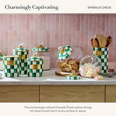 Enamel Squashed Pot, Cute Enameled Container with Lid, 20 Ounces, Green-and-White Emerald Check