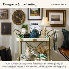 Enamel Tea Kettle, Cute Tea Kettle for Stovetop, 2 Quarts, Dark Green-and-Blue Juniper Check