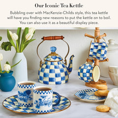 Enamel Tea Kettle, Stylish Tea Kettle for Stovetop, Blue-and-White Royal Check, 2 Quarts