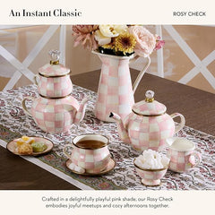 Enamel Teapot, Cute Small Teapot with Lid, 4-Cup Capacity, Pink-and-White Rosy Check