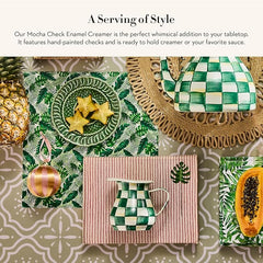 Enamel Creamer, Creamer Dispenser with Pour Spout, 14-Ounce Capacity, Green-and-White Emerald Check