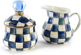 Enamel Creamer and Sugar-Bowl Set, Cream Dispenser and Sugar Holder, Unique Kitchen Decor, Blue-and-White Royal Check