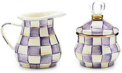 Enamel Creamer and Sugar Bowl Set, Cream Dispenser with Pour Spout and Sugar Holder, Unique Kitchen Decor, Purple-and-White Violet Check