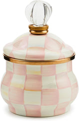 Enamel Lidded Sugar Bowl, Small Serving Bowl with Lid, 10-Ounce Capacity, Pink-and-White Rosy Check