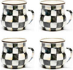 Enamel Mug, Cute Enamelware Coffee and Tea Mug, Unique Drinkware, 16 Ounces, Black-and-White Courtly Check, Set of 4