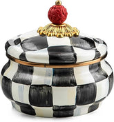 Enamel Squashed Pot, Cute Enameled Container with Lid, 20 Ounces, Black-and-White Courtly Check