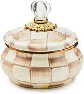 Enamel Squashed Pot, Cute Enameled Container with Lid, 20 Ounces, Brown-and-White Mocha Check