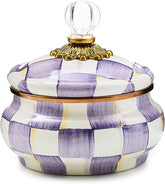 Enamel Squashed Pot, Enamelware Storage Canister with Lid, 20 Ounces, Purple-and-White Violet Check
