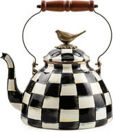 Enamel Tea Kettle, Cute Kitchen Kettle for Stovetop, 3-Quart Capacity, Black-and-White Courtly Check with Bird Topper