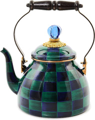 Enamel Tea Kettle, Cute Tea Kettle for Stovetop, 2 Quarts, Dark Green-and-Blue Juniper Check