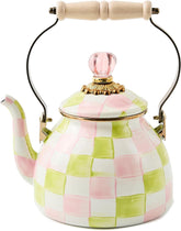 Enamel Tea Kettle, Cute Tea Kettle for Stovetop, 2 Quarts, Pastel Pink-and-Green Palm Beach Check