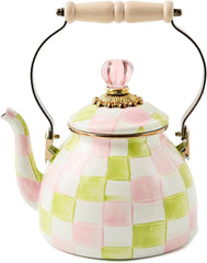 Enamel Tea Kettle, Cute Tea Kettle for Stovetop, 2 Quarts, Pastel Pink-and-Green Palm Beach Check