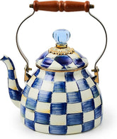 Enamel Tea Kettle, Stylish Tea Kettle for Stovetop, Blue-and-White Royal Check, 2 Quarts