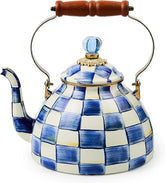 Enamel Tea Kettle, Stylish Tea Kettle for Stovetop, Blue-and-White Royal Check, 3 Quarts