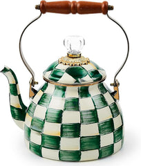 Enamel Tea Kettle, Stylish Tea Kettle for Stovetop, Green-and-White Emerald Check, 2 Quarts