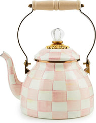 Enamel Tea Kettle, Stylish Tea Kettle for Stovetop, Pink-and-White Rosy Check, 2 Quarts