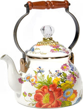 Enamel Tea Kettle, Stylish Tea Kettle for Stovetop, White Flower Market, 2 Quarts