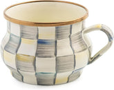 Enamel Teacup, Unique Coffee and Tea Mug, Enamel Cup for Hot Tea, 10 Ounces, Gray-and-White Sterling Check