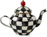 Enamel Teapot, Cute Small Teapot with Lid, 4-Cup Capacity, Black-and-White Courtly Check