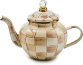 Enamel Teapot, Cute Small Teapot with Lid, 4-Cup Capacity, Brown-and-White Mocha Check
