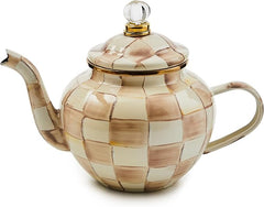 Enamel Teapot, Cute Small Teapot with Lid, 4-Cup Capacity, Brown-and-White Mocha Check