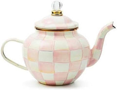 Enamel Teapot, Cute Small Teapot with Lid, 4-Cup Capacity, Pink-and-White Rosy Check