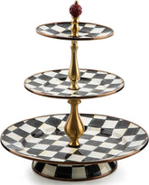 Enamel Three-Tier Sweet Stand, Three-Tiered Serving-Tray Stand, Party Food Display, Black-and-White Courtly Check