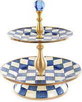 Enamel Two-Tier Sweet Stand, Two-Tiered Serving Tray for Dessert, Blue-and-White Royal Check
