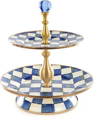 Enamel Two-Tier Sweet Stand, Two-Tiered Serving Tray for Dessert, Blue-and-White Royal Check