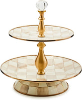 Enamel Two-Tier Sweet Stand, Two-Tiered Serving Tray for Dessert, Brown-and-White Mocha Check