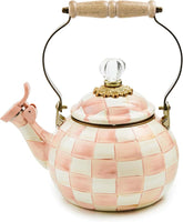 Enamel Whistling Tea Kettle, Decorative Teapot, Pink-and-White Rosy Check