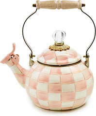 Enamel Whistling Tea Kettle, Decorative Teapot, Pink-and-White Rosy Check