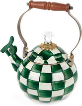 Enamel Whistling Tea Kettle, Decorative Teapot for Stovetop, Green-and-White Courtly Check