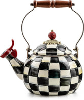 Enamel Whistling Tea Kettle, Decorative Teapot for Stovetop, Black-and-White Courtly Check