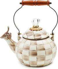 Enamel Whistling Tea Kettle, Decorative Teapot for Stovetop, Brown-and-White Mocha Check