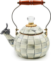 Enamel Whistling Tea Kettle, Decorative Teapot for Stovetop, Gray-and-White Sterling Check