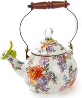 Enamel Whistling Tea Kettle, Decorative Teapot for Stovetop, White Flower Market
