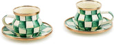 Espresso Cup and Saucer Set, Cute Small Coffee Cups and Saucers, Set of 2, Green-and-White Emerald Check