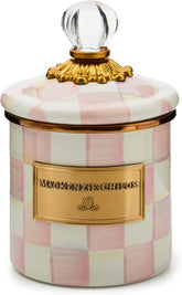 Rosy Check Enamel Canister, Pink-and-White Kitchen Storage Container with Lid, Demi