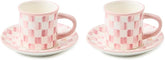 Set of 2 Stoneware Espresso Cup and Saucer, Cute Coffee Cups, Pink-and-White Rosy Check