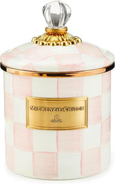 Small Enamel Canister, Kitchen Storage Container for Flour and Sugar, 38 Ounces, Pink-and-White Rosy Check