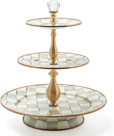 Three-Tier Sweet Stand, Three-Tiered Serving Tray for Dessert and Sweets, Gray-and-White Sterling Check