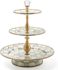 Three-Tier Sweet Stand, Three-Tiered Serving Tray for Dessert and Sweets, Gray-and-White Sterling Check