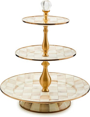 Three-Tier Sweet Stand, Tiered Serving-Tray Stand, Brown-and-White Mocha Check