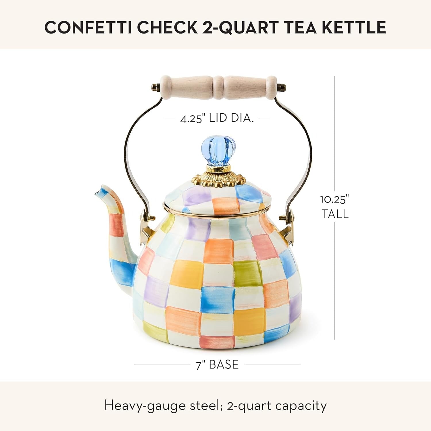 Enamel Tea Kettle, Cute Tea Kettle for Stovetop, 2 Quarts, Confetti Check