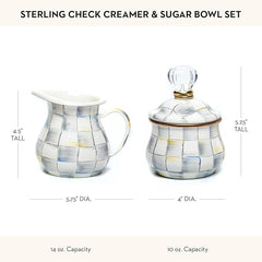 Enamel Creamer and Sugar-Bowl Set, Cream Dispenser and Sugar Holder, Unique Kitchen Decor, Gray-and-White Sterling Check