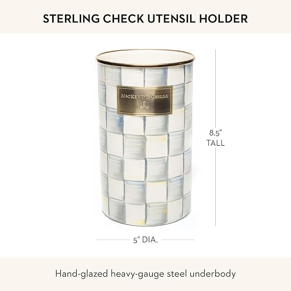 Enamel Utensil Holder, Kitchen Utensil Holder for Countertop, Storage Caddy, Gray-and-White Sterling Check