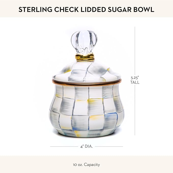 Enamel Lidded Sugar Bowl, Small Serving Bowl with Lid, 10-Ounce Capacity, Gray-and-White Sterling Check