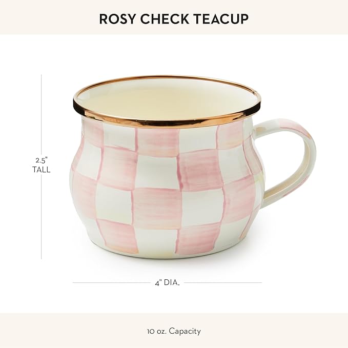 Enamel Teacup, Unique Coffee and Tea Mug, Enamel Cup for Hot Tea, 10 Ounces, Pink-and-White Rosy Check