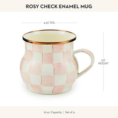 Enamel Mug, Cute Enamelware Coffee and Tea Mug, Unique Drinkware, 16 Ounces, Pink-and-White Rosy Check, Set of 4